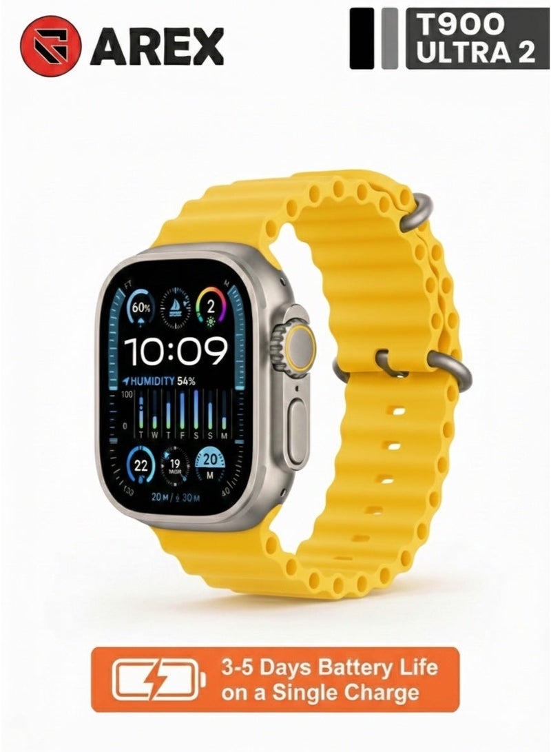 AREX T900 Ultra 2 Smartwatch 2.20 inch Display with 3-5 Day Battery Life & Bluetooth Calls - Rugged Fitness Tracker with Heart Rate, SpO2 & Sleep Monitoring, Multi-Sport Modes, Message Notifications - Series 9 Style Fitness Watch 49mm Titanium Alloy Case with Yellow Silicone Ocean Band - Image 1